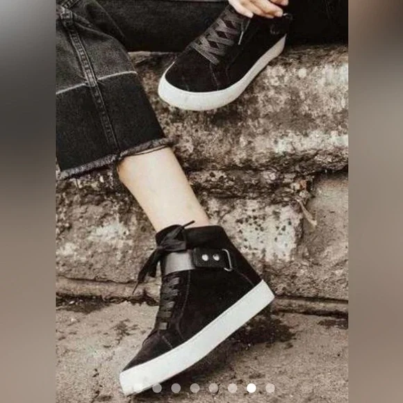 Frye Lena Harness High Top Sneakers Size 5.5 Black Suede Lace Up With Buckle - Picture 11 of 11